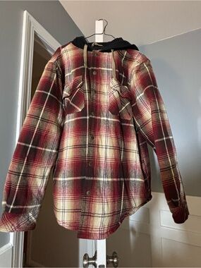 Men's Plaid Lightweight Quilted Lining Shirt Jacket with Hood Size XL